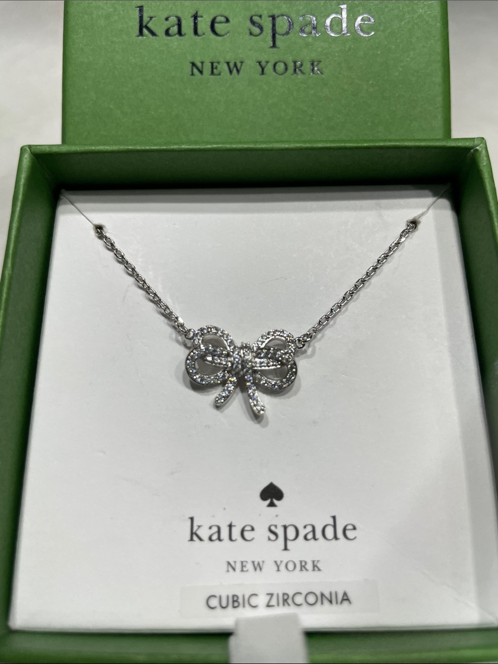 New Kate Spade Bow Meets Girl Pave Short Mini Pendant Necklace Silver with & box - Picture 14 of 14